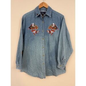 Vintage Quizz Again Denim Button Down Light Wash Embroidered Christmas 90s Med